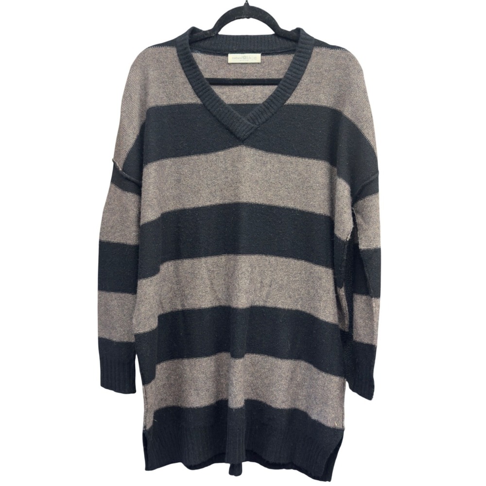 Natural Life Womens XS Striped Wool Cashmere V-Neck Oversized Tunic Sweater